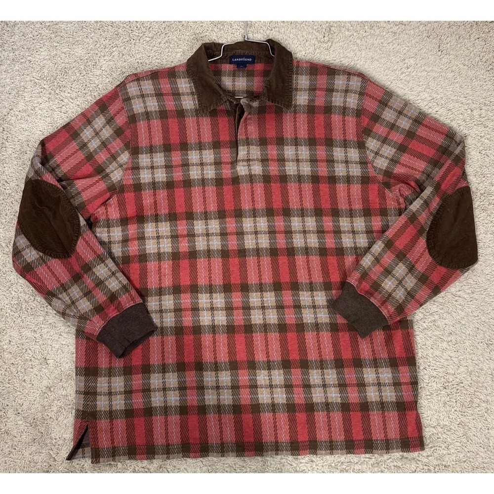 VTG Lands End Brown Plaid Rugby Shirt Corduroy Collar And Elbow Patches Men's XL